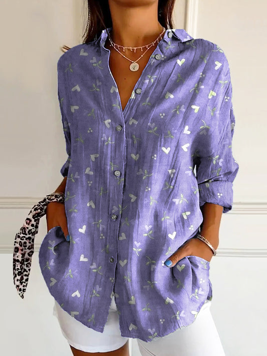 Women's Vintage Floral Art Print Casual Cotton Shirt