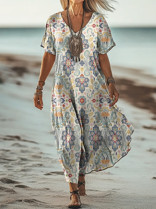 Women's Vintage Ethnic Floral Art Patterns Print Short Sleeve Pocket C