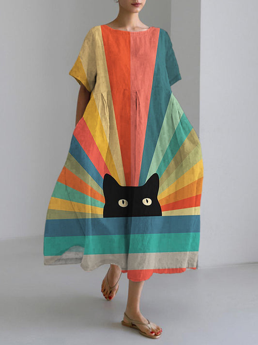 Rainbow Cat Print Linen Blend Maxi Dress