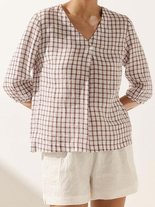 Women's Casual Checked Linen Classic Doll Collar Top