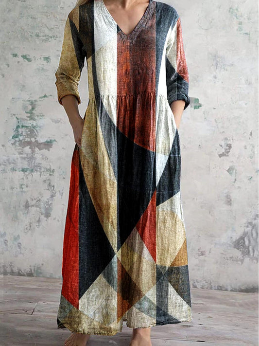 Women's V-Neck Retro Geometric Pattern Cotton And Linen Dress