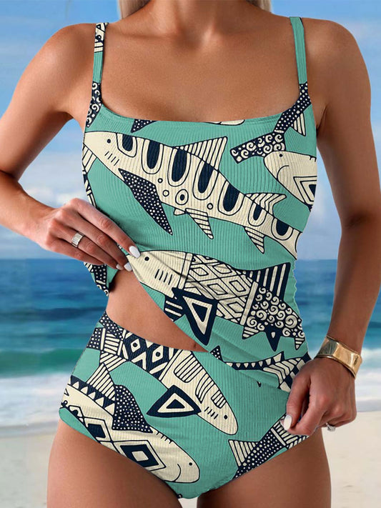 Women's Fish Print Summer Beach Halter Top And Triangle Briefs Tankini Set