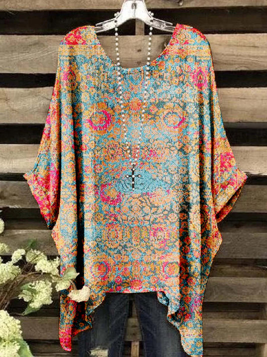 Women's Round Neck Vintage Ethnic Pattern Short Sleeve Top