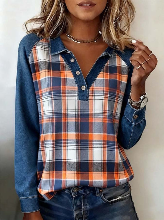 Women'S Casual Lapel Contrast Color Stitching Shirt 