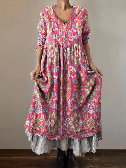 Women's Boho Ethnic Totem Art Pattern Print Button Pocket Cotton Dress