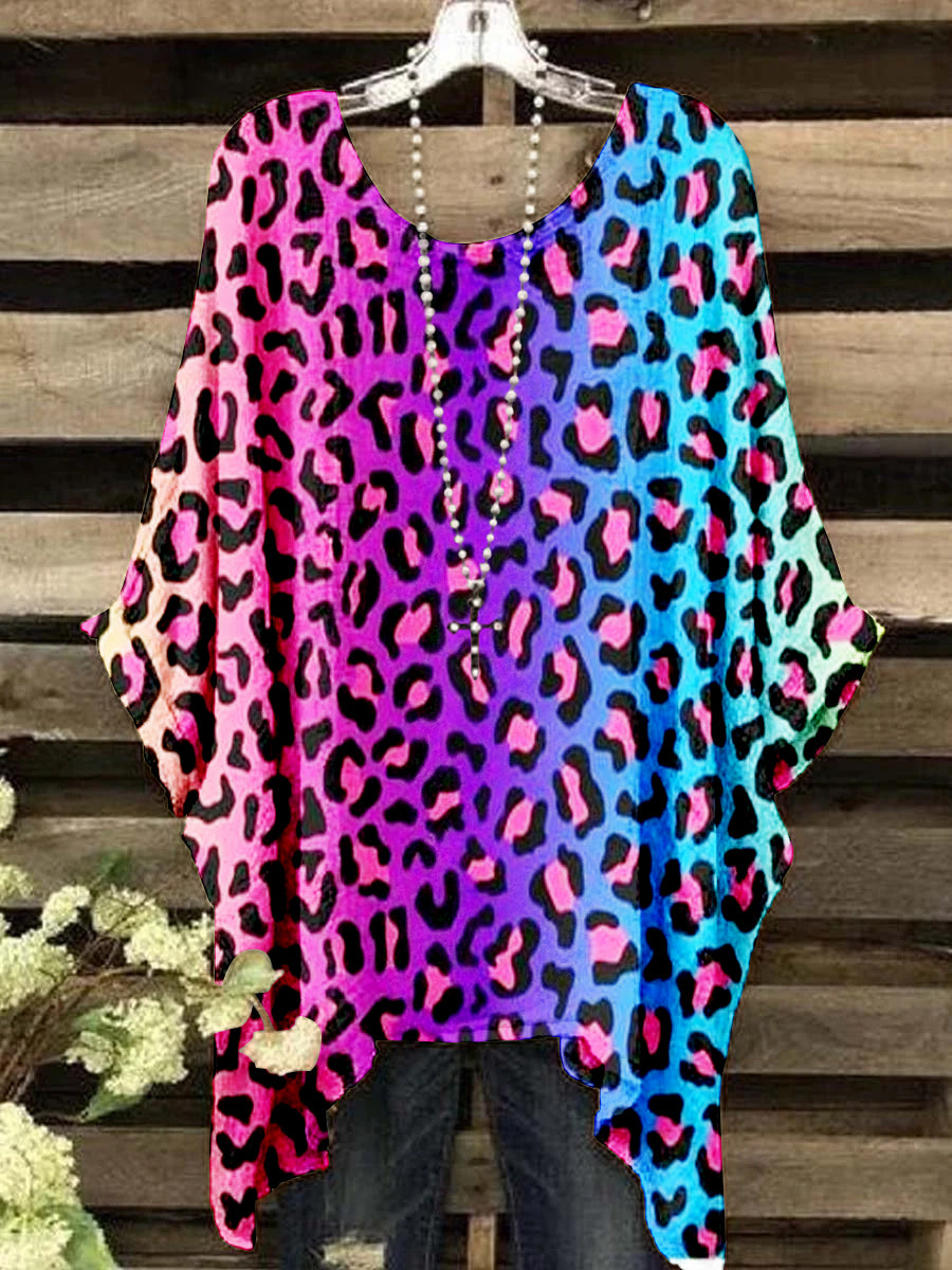 Women's Neon Gradient Leopard Pattern Crew Neck Top