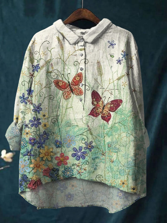 Colorful Watercolor Daisy Print Cotton And Linen Shirt