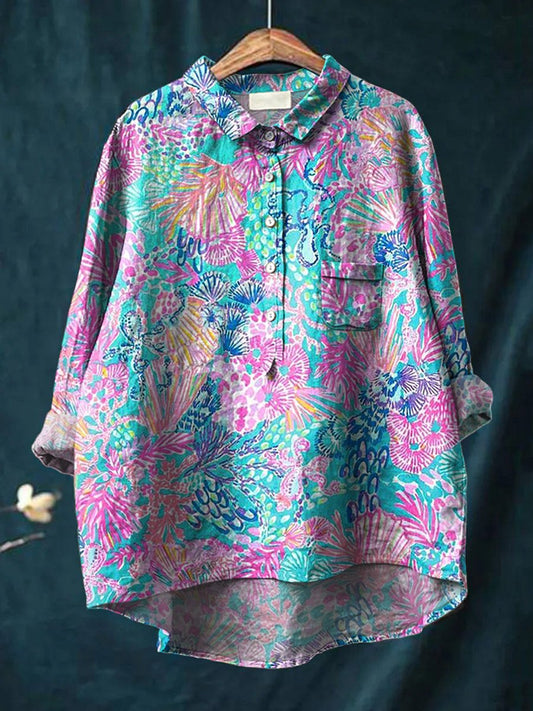 Colorful Coral Reef Pattern Printed Women's Casual Cotton And Linen Shirt