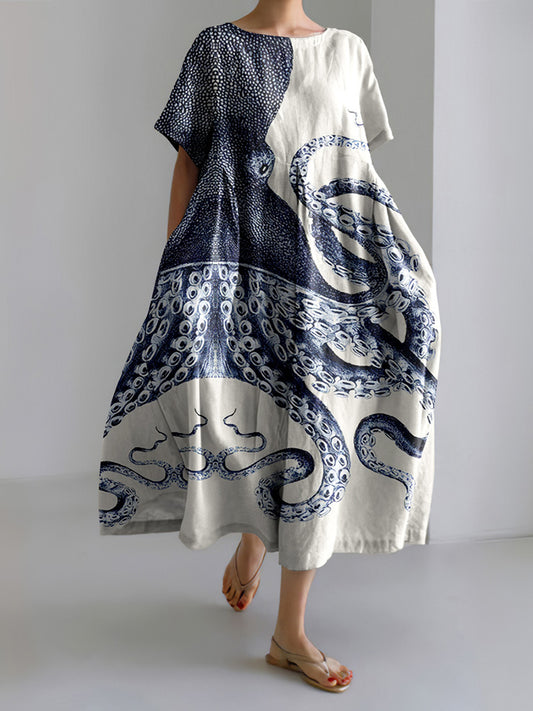 Japanese Octopus Art Print Short Sleeve Loose Midi Dress