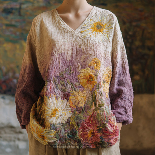 Women's Vintage Oil Painting Flower Embroidery V-neck Loose T-shirt