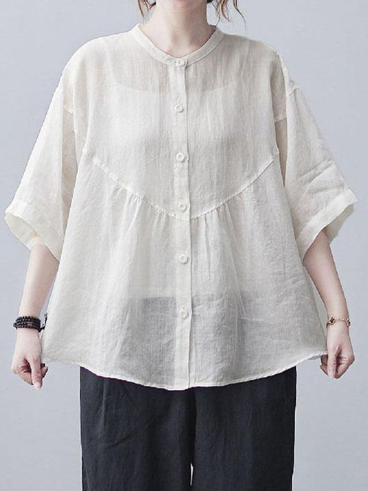 Women's Spring Solid Color Cotton Linen Loose Long Sleeve T-Shirt