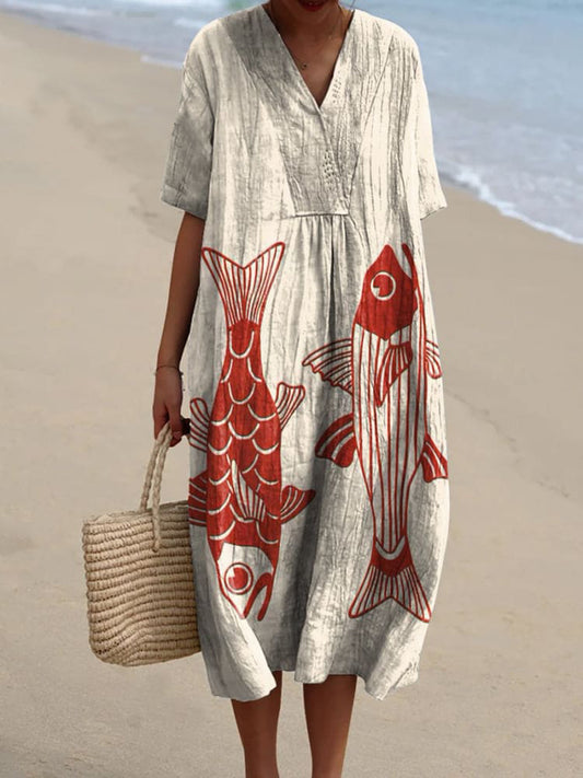 Women's Fish Print V-Neck Loose Midi Dress