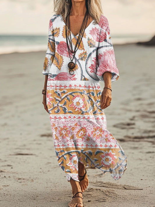 Women's Floral Art Print Pocket Cotton Dresses
