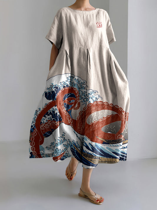 Vintage Japanese Art Waves Octopus Print Casual Midi Dress