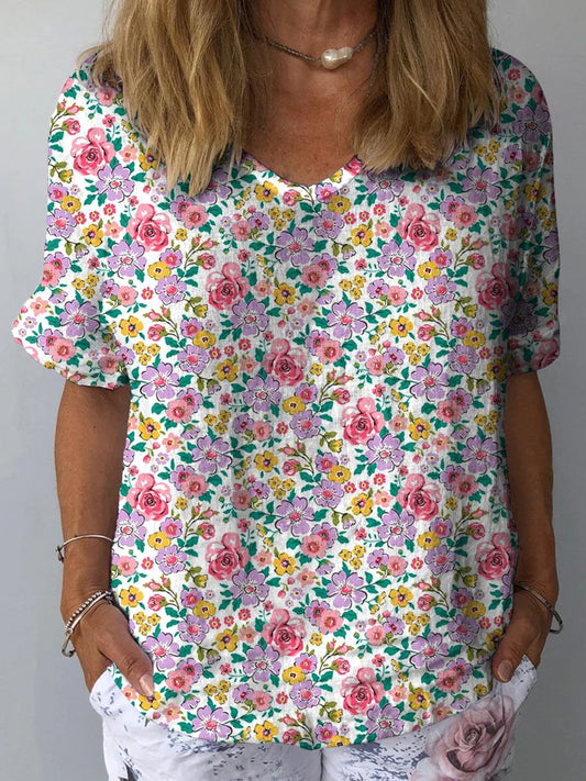 Retro Style Small Floral Garden Pattern Printed Women's Casual Cotton And Linen Shirt