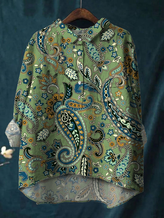 Elegant Curve Line Leaf Plant Print Cotton And Linen Shirt