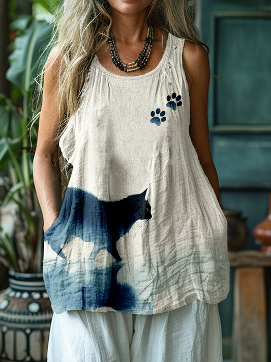 Cute Watercolor Art Cat Pattern Comfy Linen Tank Top