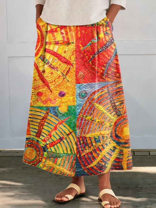 Women's Bohemian Sun Collage Art Pattern Print Cotton Pocket Skirt