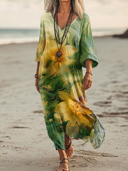 Women's Floral Art Print Pocket Cotton Dresses