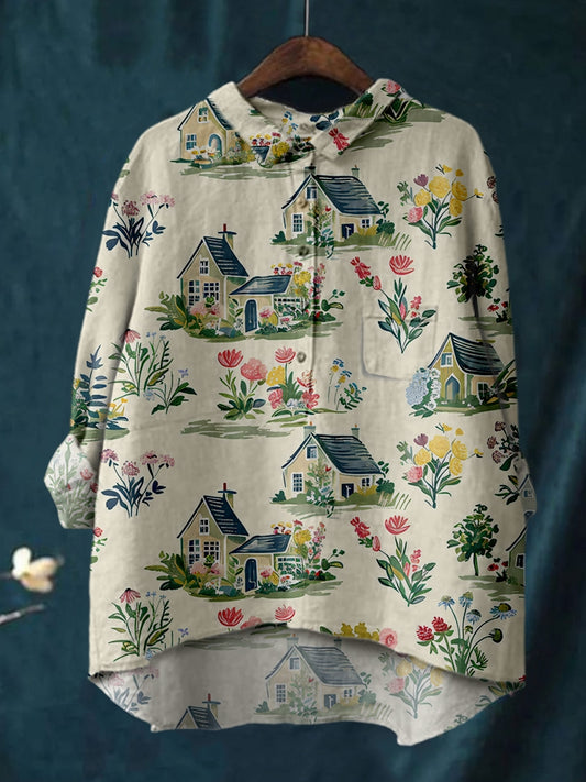 House Floral Watercolor Print Shirt