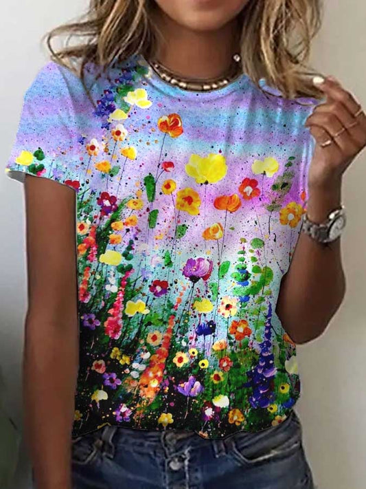 Casual Simple Floral Round Neck Print T-Shirt
