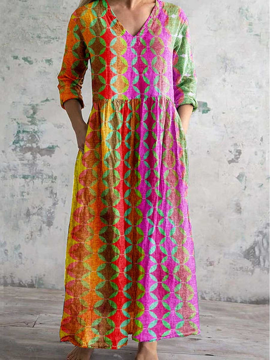 Women's Bohemian Split Geometric Pattern V Neck Cotton and Linen Dress
