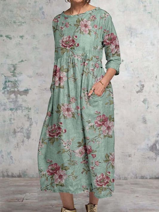 Women's Classic Floral Pattern Round Neck Cotton and Linen Top with Pockets