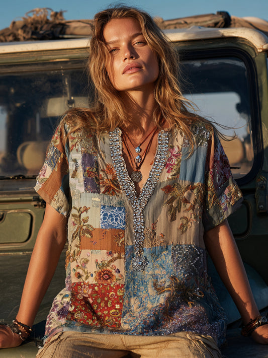 Bohemian Style Patchwork Three-dimensional Embroidery Diamond Vintage V-neck Short-sleeved Shirt