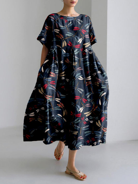 Traditional Colorful Dragonfly Japanese Art Linen Blend Maxi Dress