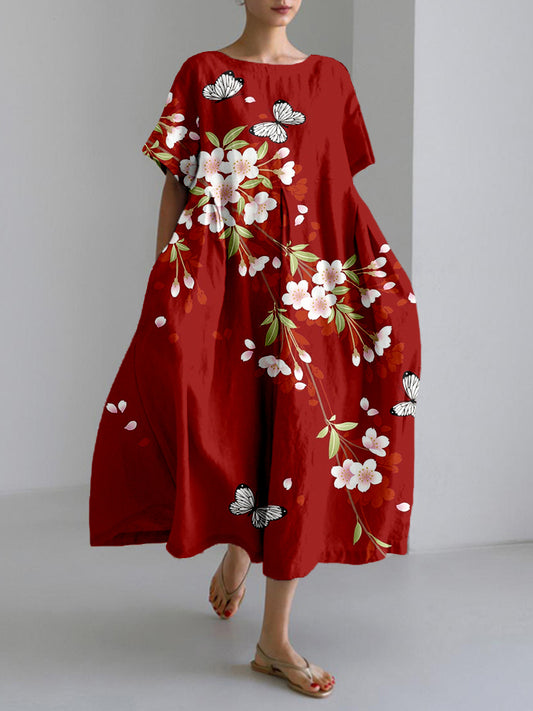 Vintage Cherry Blossom & Butterfly Art Linen Blend Maxi Dress