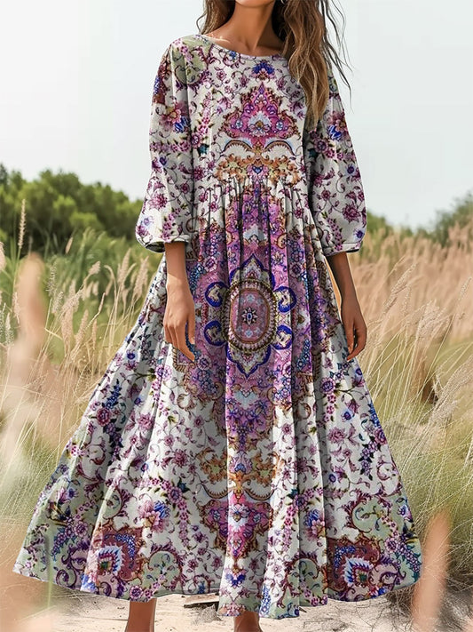 Women's Retro Ethnic Totem Art Print Flowy Round Neck Cotton Pocket Dr