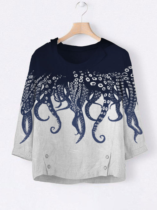 Women's Casual Japanese Art Ocean Octopus Print Top