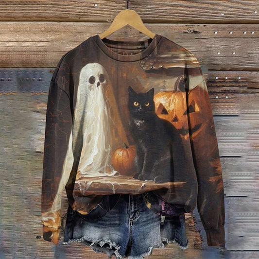 Women's Halloween Cat Print Crew Neck Long Sleeve Casual Sweatshirt