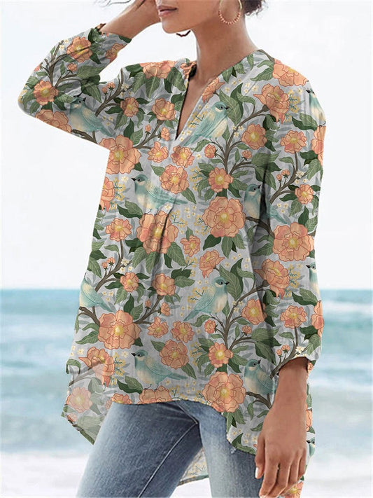 Birds And Spring Floral Bush Pattern Printed Women's Casual Linen V-neck Shirt