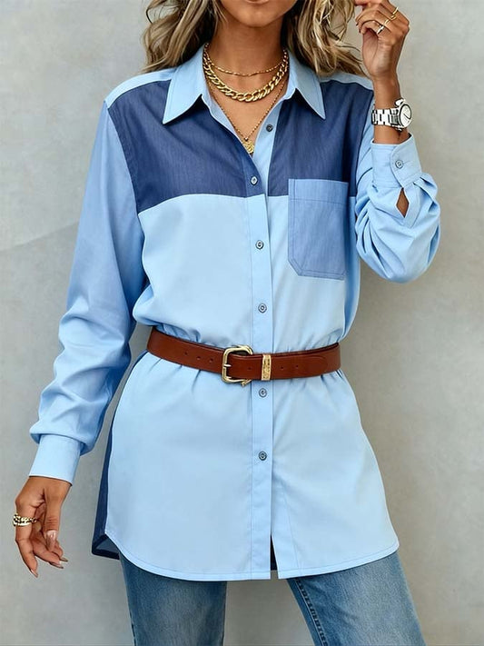 Women'S Casual Contrast Color Stitching Long Sleeve Shirt 