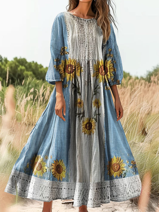 Women's Bohemian Floral Collage Art Print Flowy Cotton Crew Neck Dress