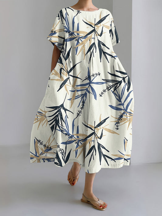 Japanese Art Bamboo Print Short Sleeve Casual Midi Dress