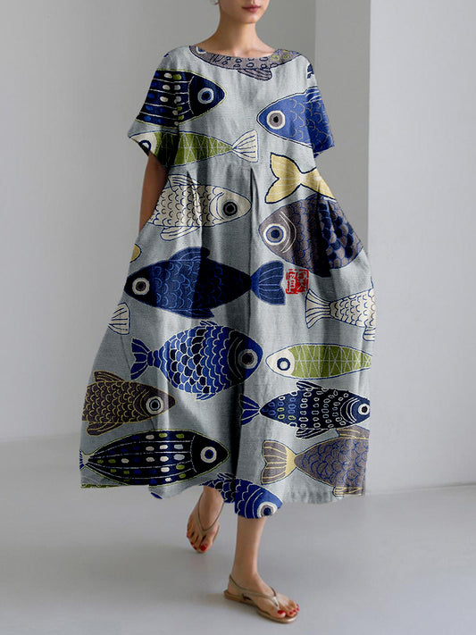 Vintage Fish Japanese Art Linen Blend Midi Dress