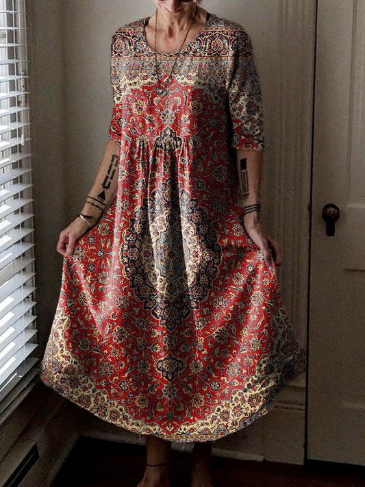 Women's Ethnic Pattern Art Print Pocket Cotton Dresses