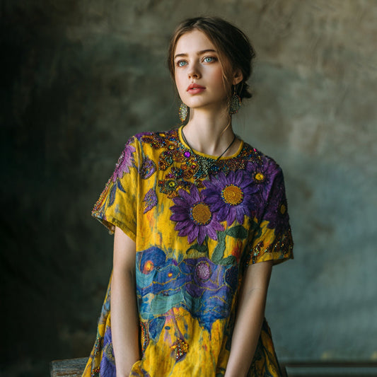 Oil Painting Style Starry Sky Sunflower Hand-beaded Embroidered Linen T-shirt