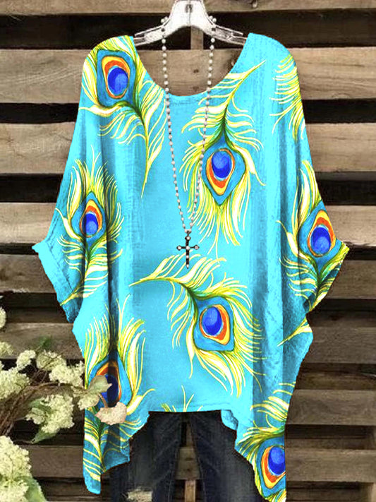 Women's Elegant Peacock Feather Pattern Round Neck Top