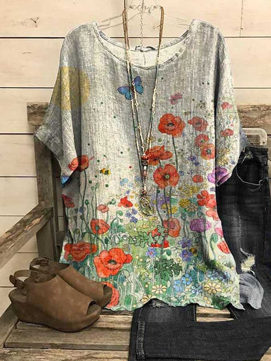 Casual Simple Floral Print Cotton Top