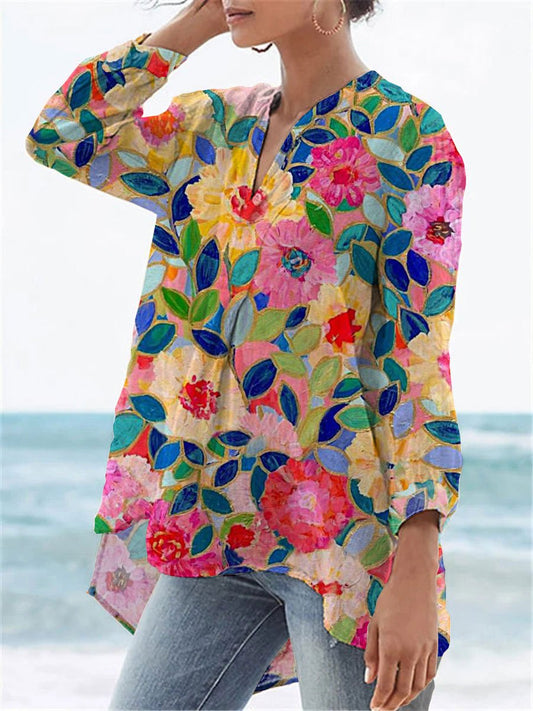 Women's  Flower Print Casual Linen V-neck Shirt