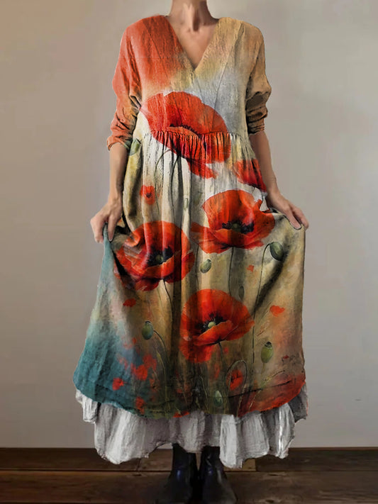 Women's Poppy Flowers Art Print V-Neck Pocket Cotton Dress
