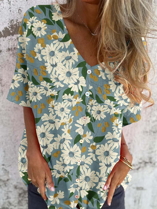 Women's Elegant Retro Floral Pattern Round Shirt Style Cotton and Linen Top