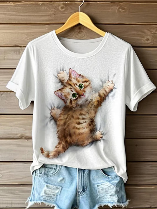 Women's Cute Animal Cat Pattern Print Round Neck T-shirt