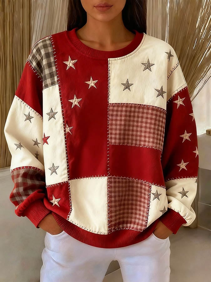 Women'S Casual Round Neck Contrast Color Stitching Plaid Sweatshirt 