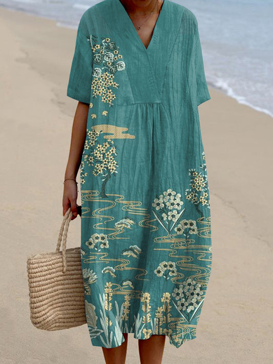 Vintage Floral Art Casual V Neck Short Sleeve Midi Dress