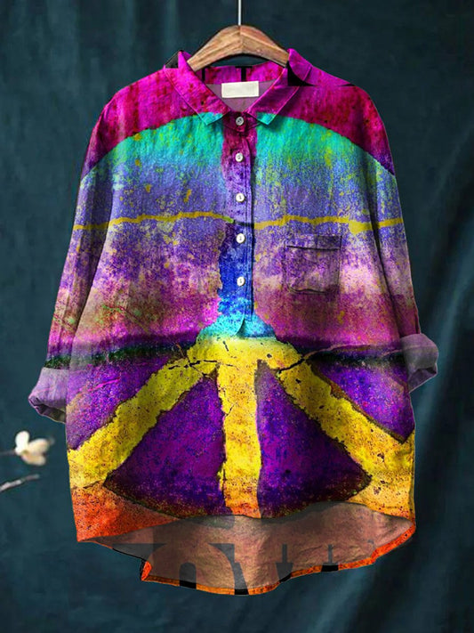 Women's Rainbow Colored Vintage Peace Sign Print Casual Cotton And Linen Shirt