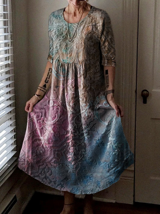 Women's Vintage Floral Texture Art Print Pocket Cotton Dress